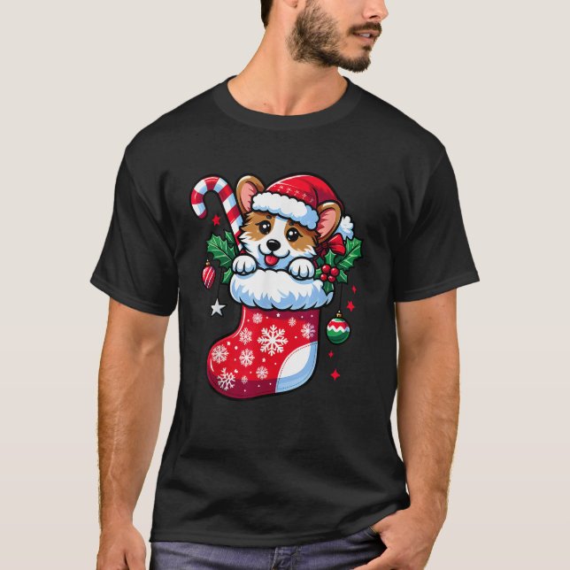Cute Christmas Candy Cane Santa Corgi Dog in Xmas  T-Shirt (Front)