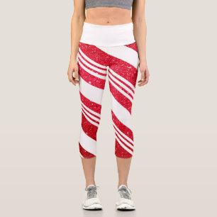 Cute Christmas Candy Cane Stripped Pattern Capri Leggings