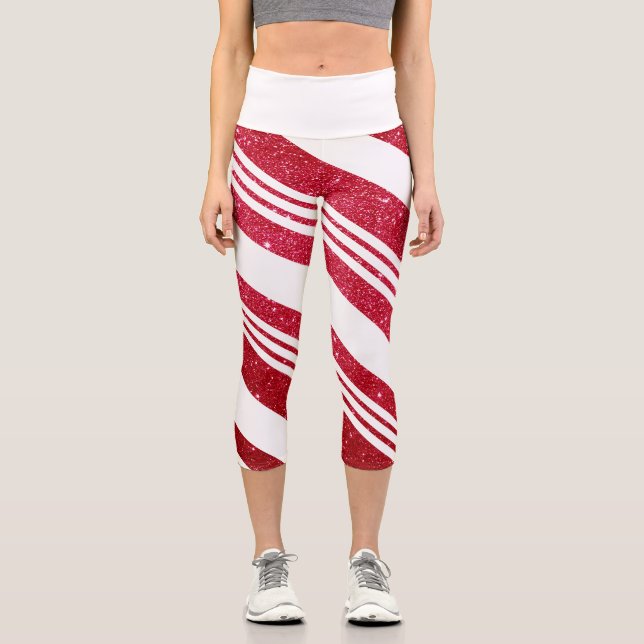 Cute Christmas Candy Cane Stripped Pattern Capri Leggings (Front)