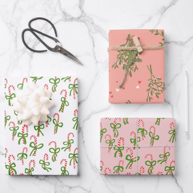 Cute Christmas Candy Canes Mistletoe Xmas Variety Wrapping Paper Sheet (Front)