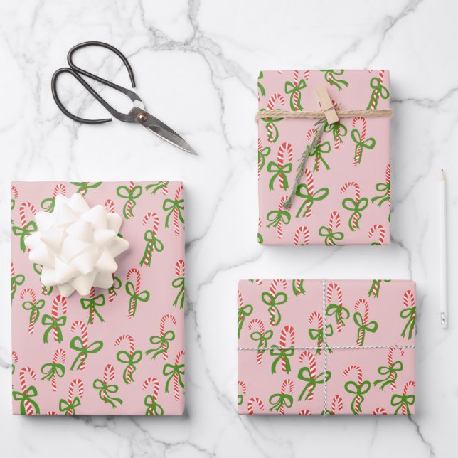 Cute Christmas Candy Canes Xmas Holiday Pink Wrapping Paper Sheet (Front)