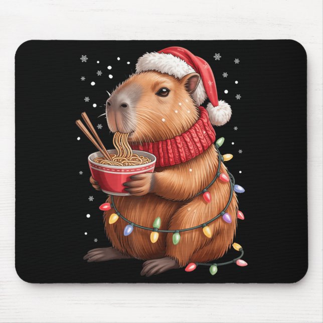 Cute Christmas Capybara With Ramen Bowl Holiday Te Mouse Mat (Front)