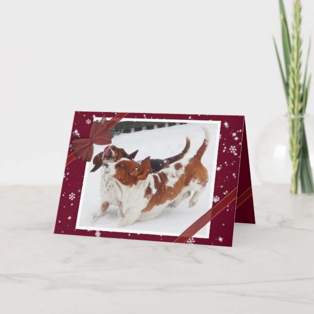 Cute Christmas Card with Basset Hounds in Snow (Front)