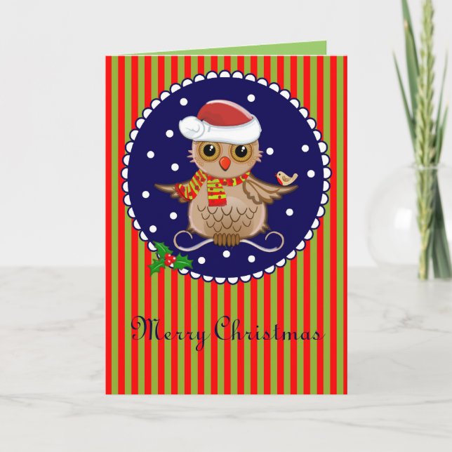 Cute Christmas card with cartoon owl and text (Front)