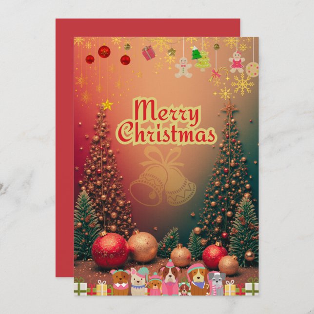 Cute Christmas card with dog illustrations ♡ (Front/Back)