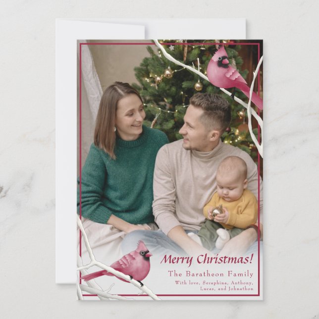 Cute Christmas Cardinal Bird Family Photo Holiday Card (Front)