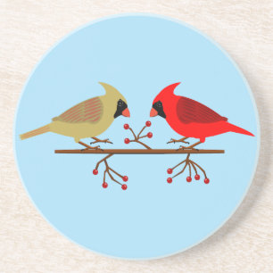 Cute Christmas Cardinals and Red Berries Coaster