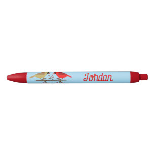 Cute Christmas Cardinals and Red Berries Custom Blue Ink Pen