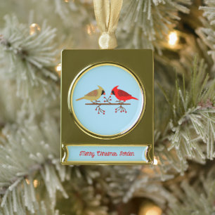 Cute Christmas Cardinals and Red Berries Custom Gold Plated Banner Ornament