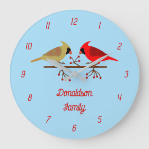 Cute Christmas Cardinals and Red Berries Custom Large Clock