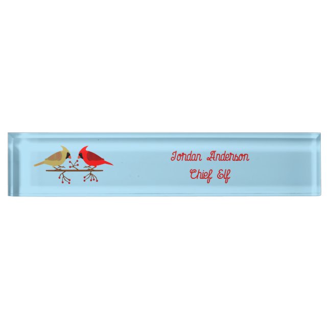 Cute Christmas Cardinals and Red Berries Custom Nameplate (Front)