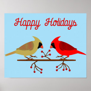 Cute Christmas Cardinals and Red Berries Custom Poster