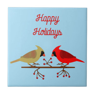 Cute Christmas Cardinals and Red Berries Custom Tile