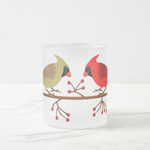 Cute Christmas Cardinals and Red Berries Frosted Glass Coffee Mug