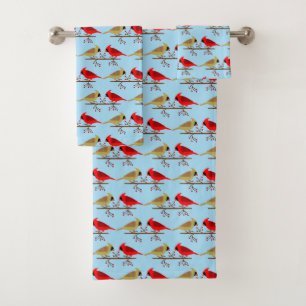 Cute Christmas Cardinals and Red Berries Patterned Bath Towel Set