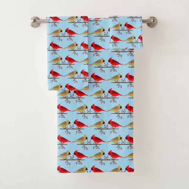 Cute Christmas Cardinals and Red Berries Patterned Bath Towel Set (Insitu)