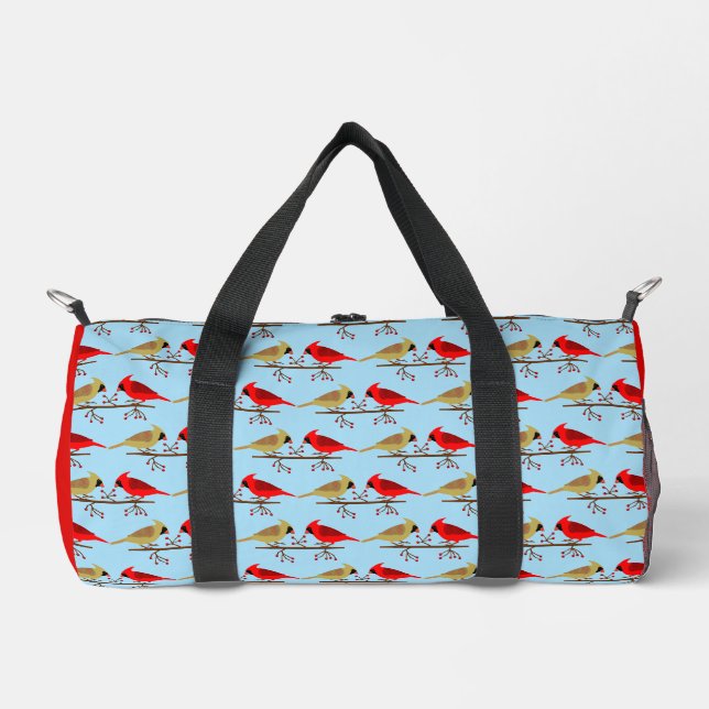 Cute Christmas Cardinals and Red Berries Patterned Duffle Bag (Front)
