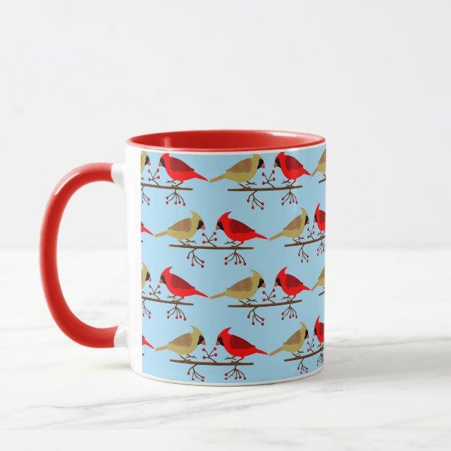 Cute Christmas Cardinals and Red Berries Patterned Mug (Left)