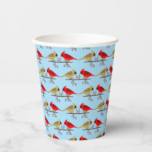 Cute Christmas Cardinals and Red Berries Patterned Paper Cups