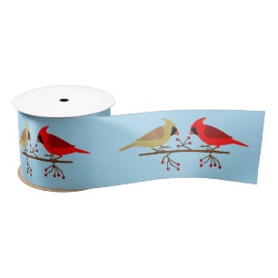 Cute Christmas Cardinals and Red Berries Patterned Satin Ribbon