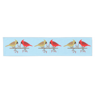 Cute Christmas Cardinals and Red Berries Patterned Short Table Runner