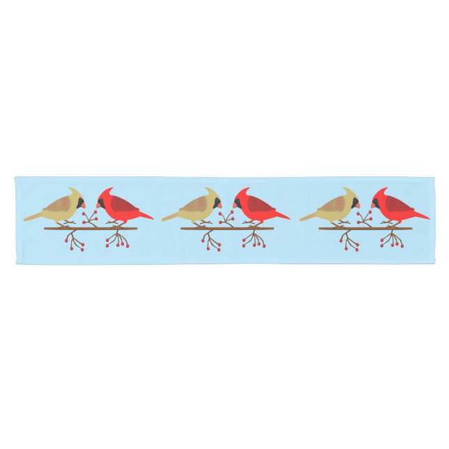 Cute Christmas Cardinals and Red Berries Patterned Short Table Runner (Horizontal)