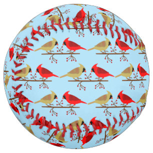 Cute Christmas Cardinals and Red Berries Patterned Softball
