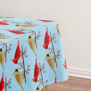 Cute Christmas Cardinals and Red Berries Patterned Tablecloth
