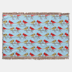 Cute Christmas Cardinals and Red Berries Patterned Throw Blanket