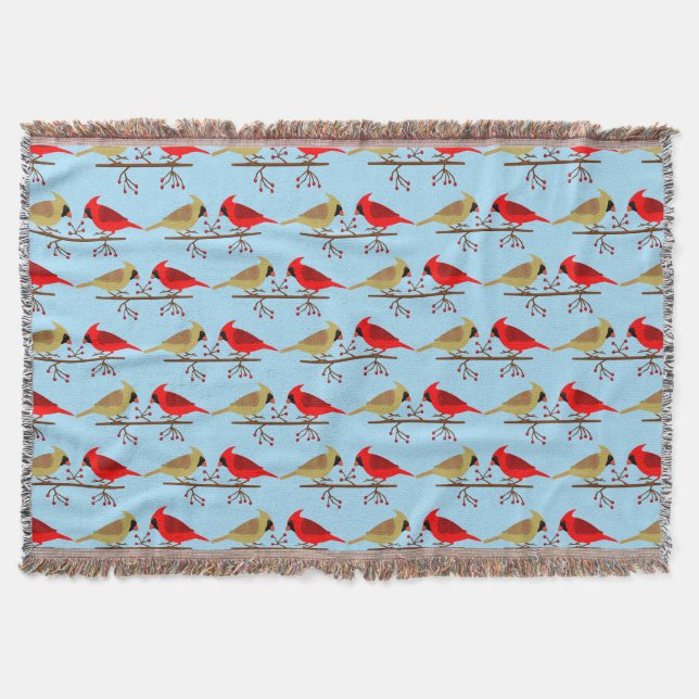 Cute Christmas Cardinals and Red Berries Patterned Throw Blanket (Front)