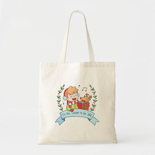 Cute Christmas Carol Boy and Reindeer Doodle Tote Bag (Front)