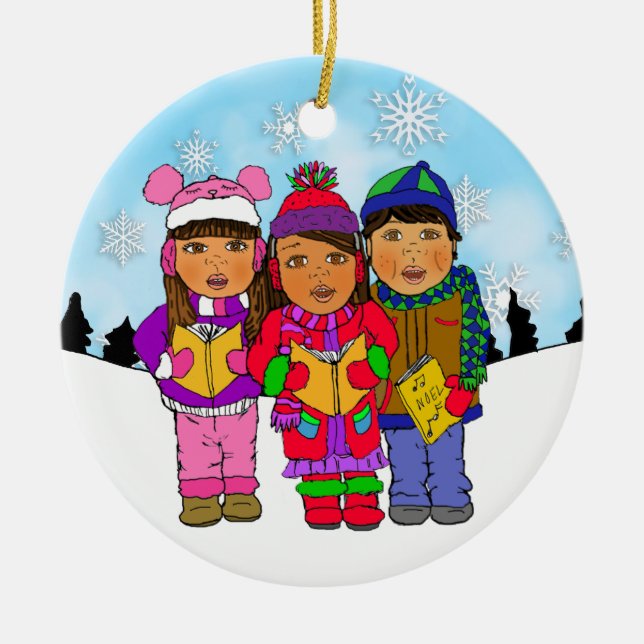 Cute Christmas Carolers Personalised Holiday Ceramic Tree Decoration (Front)