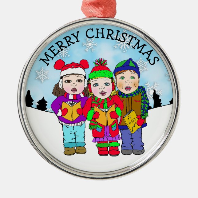 Cute Christmas Carolers Personalised Holiday Metal Tree Decoration (Front)