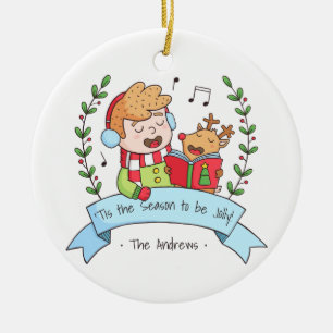 Cute Christmas Carols Boy and Reindeer Ornament