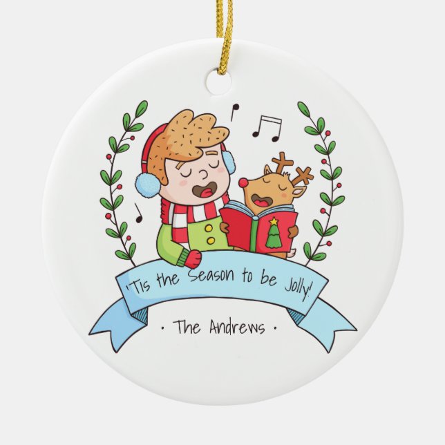 Cute Christmas Carols Boy and Reindeer Ornament (Front)