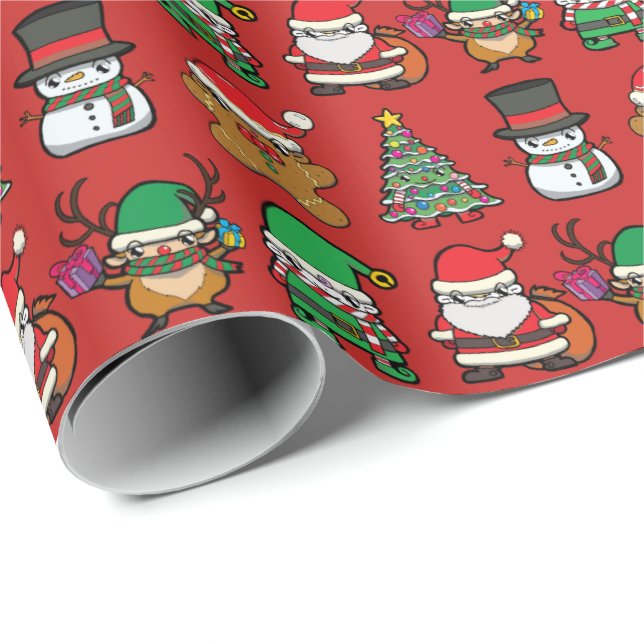 Cute Christmas Cartoon Characters Pattern Red Wrapping Paper (Roll Corner)