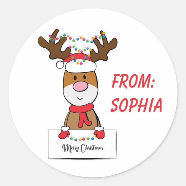 Cute Christmas Cartoon Reindeer Add Name Classic Round Sticker (Front)