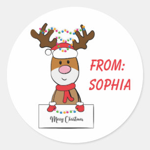 Cute Christmas Cartoon Reindeer Add Name Classic Round Sticker