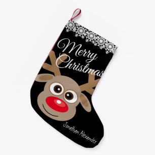 Cute Christmas Cartoon Reindeer Black Name Small Christmas Stocking