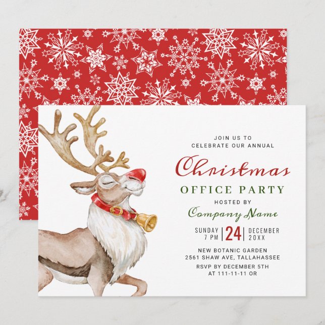 Cute Christmas Cartoon Reindeer Christmas Party Invitation (Front/Back)