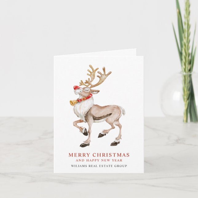 Cute Christmas Cartoon Reindeer Corporate Greeting Holiday Card (Front)