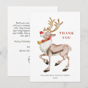 Cute Christmas Cartoon Reindeer Greeting Holiday Thank You Card