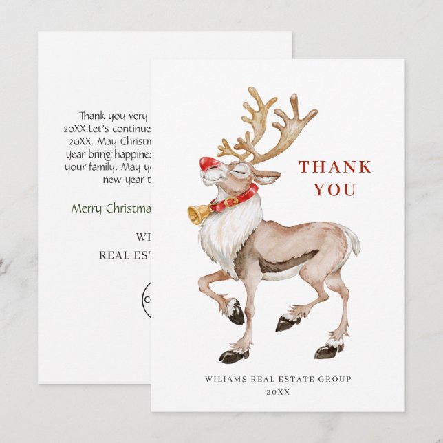 Cute Christmas Cartoon Reindeer Greeting Holiday Thank You Card (Front/Back)