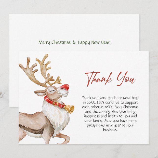 Cute Christmas Cartoon Reindeer Greeting Holiday Thank You Card (Front/Back)