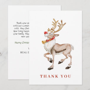 Cute Christmas Cartoon Reindeer Greeting Holiday Thank You Card