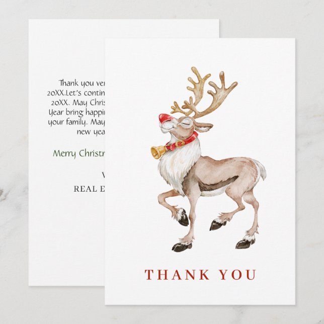 Cute Christmas Cartoon Reindeer Greeting Holiday Thank You Card (Front/Back)