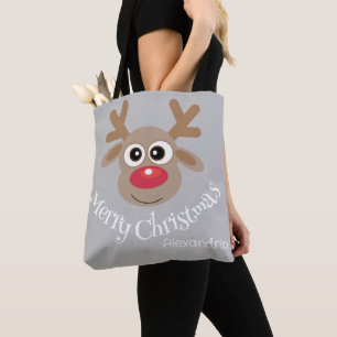 Cute Christmas Cartoon Reindeer Grey Tote Bag
