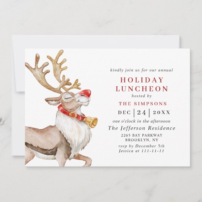 Cute Christmas Cartoon Reindeer HOLIDAY LUNCHEON Invitation (Front)