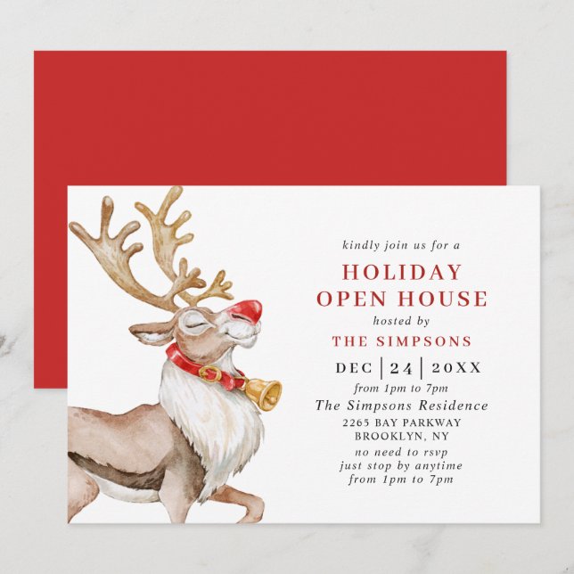 Cute Christmas Cartoon Reindeer HOLIDAY OPEN HOUSE Invitation (Front/Back)