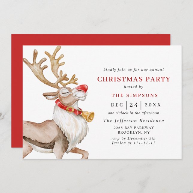 Cute Christmas Cartoon Reindeer Holiday Party Invitation (Front/Back)